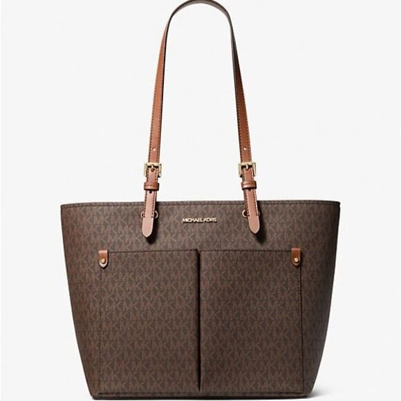 New Michael Kors Jet Set Travel Medium Double Pocket Logo Tote Brown - Picture 1 of 3